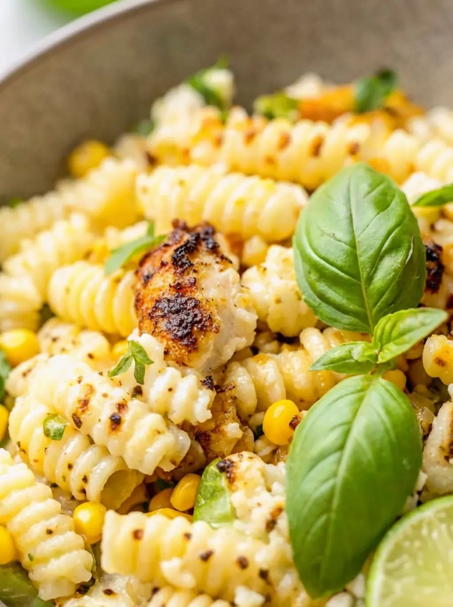 Ingredients for Creamy Street Corn Pasta Salad artfully arranged on a wooden cutting board on a marble countertop. Visible items include uncooked rotini pasta, fresh corn cobs (some with charred kernels cut off), a bowl of crumbled white cheese, fresh cilantro and basil, a lime, and a small whisk for the dressing. Natural morning light, soft shadows, warm tones, clean and tidy presentation. No hands or people. (3:4 ratio)