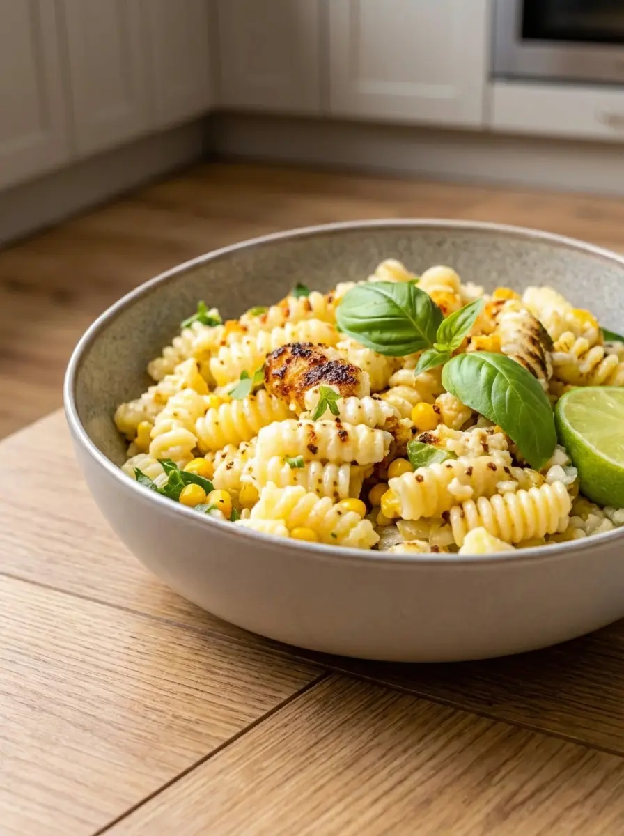 Process shot of a cast iron skillet with corn kernels charring, with visible brown spots, on a stovetop. In the foreground, a minimalist white bowl contains a creamy dressing being whisked with a small whisk. The background shows a marble countertop and natural morning light. No hands or people. (3:4 ratio)