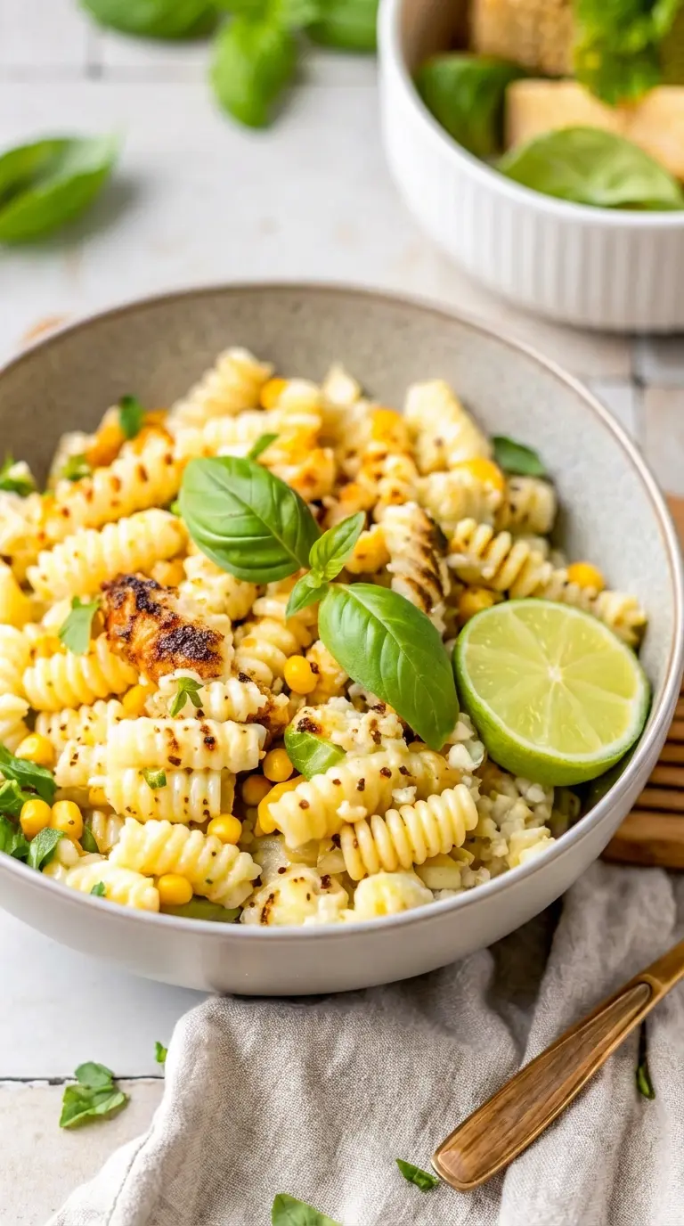 Close-up serving shot of Creamy Street Corn Pasta Salad in a minimalist white ceramic bowl, highlighting the texture of the rotini pasta, the char on the corn, the crumbled cheese, and the vibrant green of the fresh basil garnish and lime wedge. The dish is presented on a clean marble countertop with subtle wood accents and soft, warm natural light. No hands or people. (3:4 ratio)