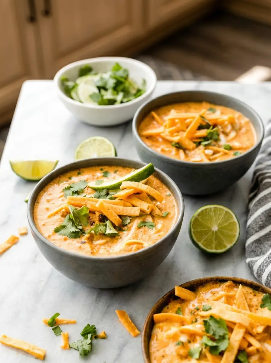 A large, rustic ceramic pot (3:4 ratio) on a wooden trivet on a marble countertop, filled with simmering creamy orange-hued white chicken chili. The texture of shredded chicken, beans, and corn is visible, with gentle steam rising. Natural morning light casts soft shadows. No hands or people.