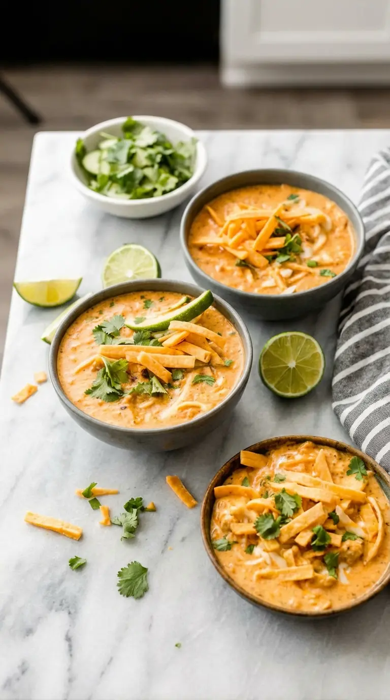 Close-up shot (3:4 ratio) of a single grey ceramic bowl of creamy orange-hued white chicken chili, highlighting the rich, velvety broth and the vibrant, fresh toppings: perfectly diced avocado, golden crispy tortilla strips, and bright green cilantro. A hint of shredded white cheese is visible. Served on a white marble countertop, bathed in warm natural light. No hands or people.
