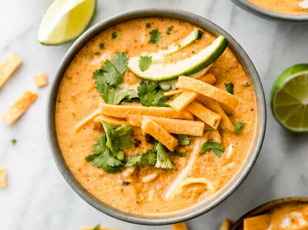 Overhead shot (4:3 ratio) of two grey ceramic bowls of creamy orange-hued white chicken chili, generously topped with perfectly diced avocado, shredded white cheese, golden crispy tortilla strips, and vibrant fresh cilantro. Fresh lime halves and scattered tortilla strips are artfully arranged on a white marble countertop with subtle wood accents in the background. The scene is illuminated by soft, natural morning light, creating warm tones and gentle shadows. No hands or people.