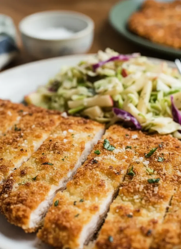 Crispy Chicken Cutlets with Apple Slaw A 3:4 close-up shot of a breading station on a wooden cutting board: shallow dishes containing flour, beaten eggs, and seasoned panko breadcrumbs, ready for Crispy Chicken Cutlets. In the background, fresh green herbs are subtly blurred, with natural morning light and soft shadows on a marble countertop.