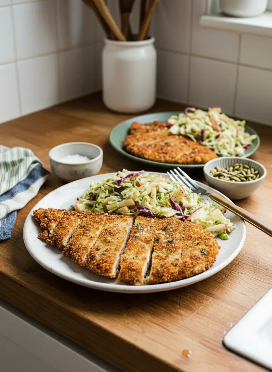 A 3:4 shot of a golden-brown Crispy Chicken Cutlet sizzling in a cast-iron skillet, with visible oil bubbling gently. The focus is on the chicken's crispy texture as it cooks. In the background, a minimalist white ceramic bowl with ingredients for the apple slaw is slightly visible, under soft, natural light on a marble counter.