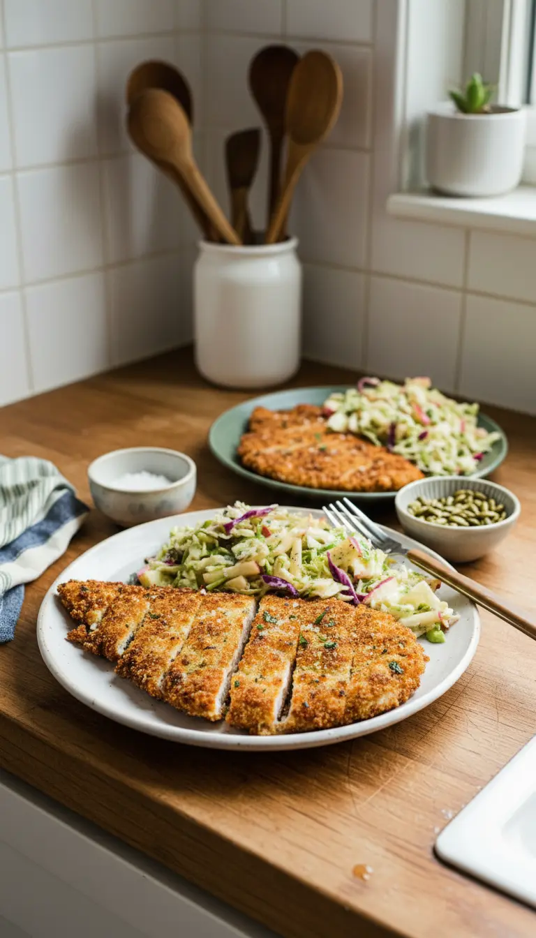 A 3:4 close-up, inviting shot of a single serving of Crispy Chicken Cutlets, sliced diagonally, showcasing the tender interior and super crispy, golden exterior. Next to it, a generous portion of fresh apple and cabbage slaw, highlighting the crisp apples and vibrant colors. The dish is on a dark sage green ceramic plate on a marble countertop, with gentle, warm lighting.