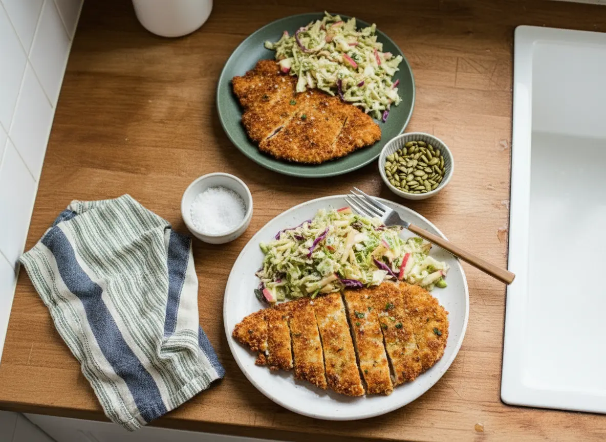 A perfectly composed 4:3 shot of golden-brown, sliced Crispy Chicken Cutlets on a dark sage green ceramic plate, served alongside a vibrant apple and cabbage slaw with visible red apple slices and green herbs. The plate sits on a light marble countertop with a subtle wood accent in the background. Natural morning light casts soft shadows. A small ceramic bowl of sea salt and a green-tinted glass of water are visible, adhering to the minimalist, clean kitchen aesthetic.
