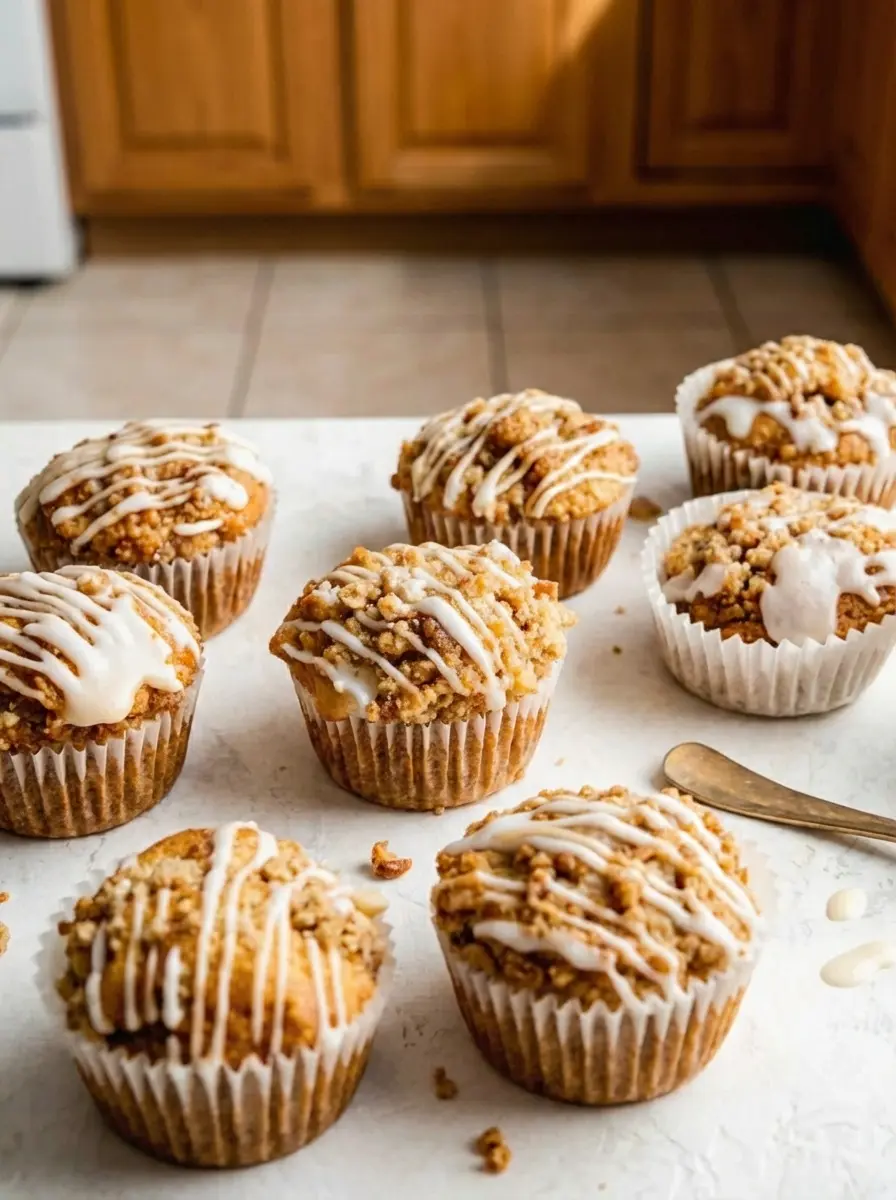 Process shot showing a muffin pan filled with Crumb Cake Muffins batter, generously topped with chunky, buttery streusel, ready for the oven. The shot highlights the texture of the streusel. Set on a marble countertop with natural morning light and soft shadows. No hands or people. (3:4 ratio)