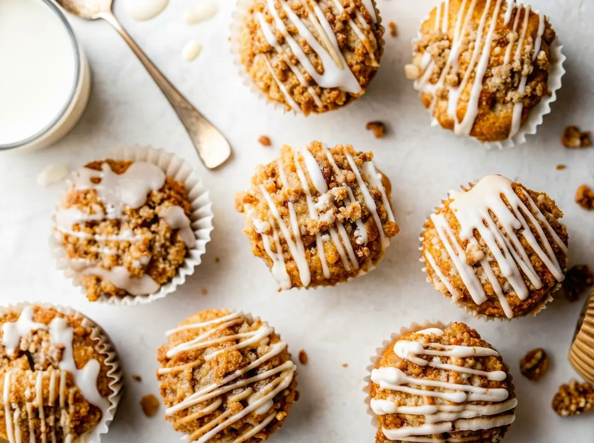 Overhead shot of freshly baked Crumb Cake Muffins arranged on a light background, featuring golden-brown muffins with a generous, textured crumb topping and a distinct white vanilla glaze drizzled over them. Some muffins are in paper liners, some out. A small spoon with glaze and a glass with glaze are visible in the background. The scene is set on a marble countertop with soft natural morning light from an east window, warm tones, and minimal shadows. No hands or people. (4:3 ratio)