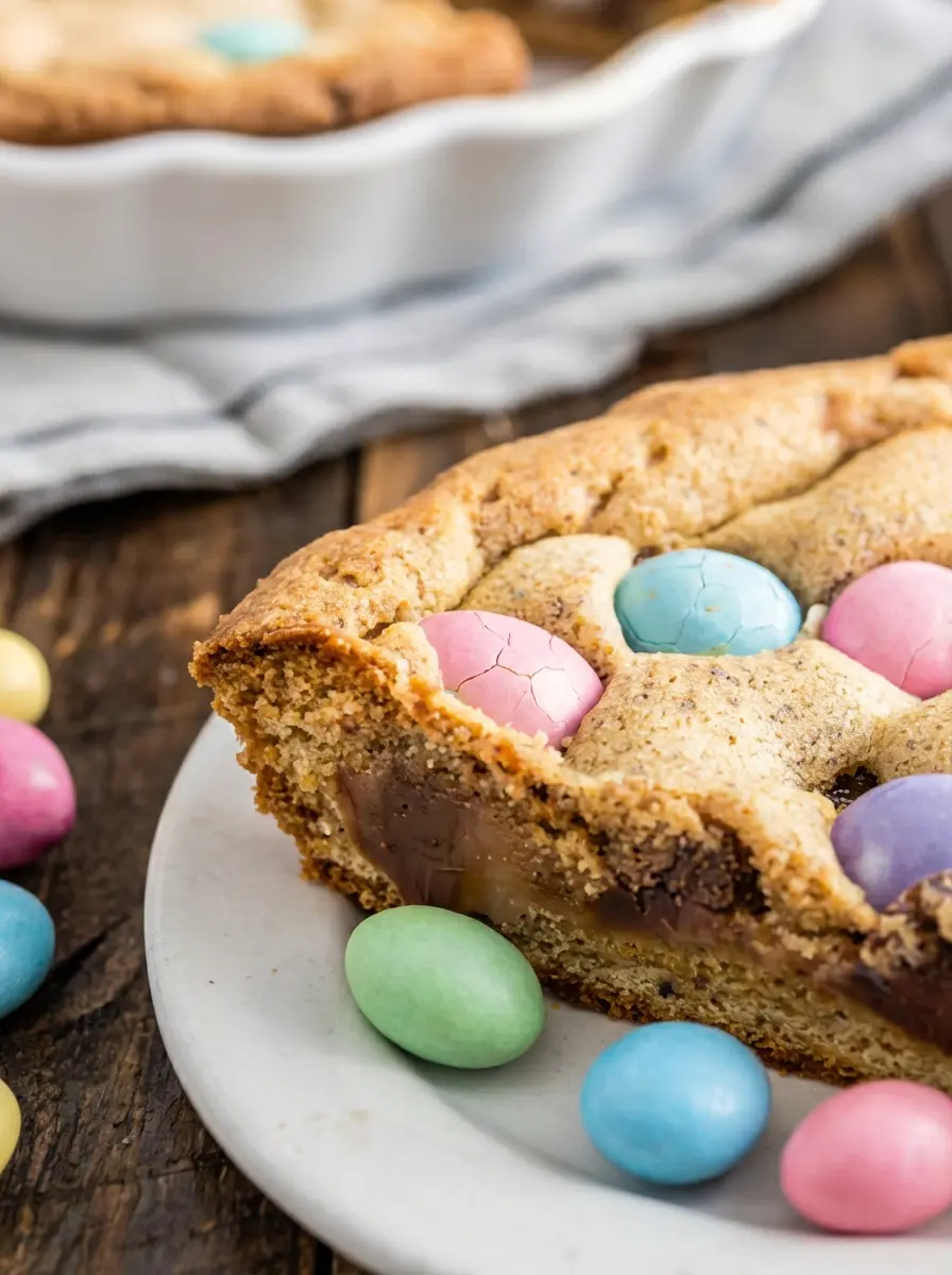 Ingredients for an Easter Cookie Cake laid out: softened butter, brown sugar, granulated sugar, eggs, flour, baking soda, salt, and a ceramic bowl filled with vibrant pastel candy eggs (pink, blue, purple, green, yellow). All arranged neatly on a wooden cutting board against a marble countertop, bathed in natural morning light with soft shadows.