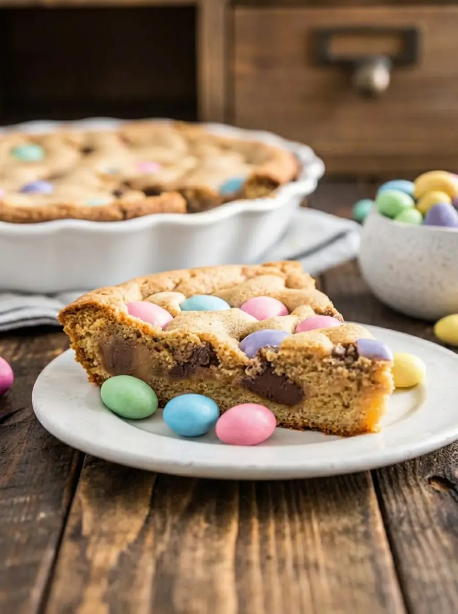 Close-up process shot of cookie dough being gently pressed into a white fluted ceramic pie dish. Visible in the dough are semi-sweet chocolate chips and a few pastel candy eggs. The remaining colorful pastel candy eggs are being artfully placed on top of the dough. The scene is clean and tidy, under natural morning light on a marble countertop with a subtle fresh herb accent in the background.