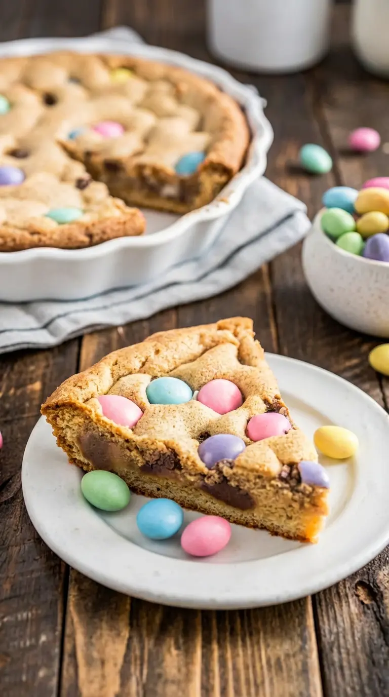 A close-up, inviting shot of a sliced Easter Cookie Cake showing its moist, chewy interior texture and vibrant pastel candy eggs (pink, blue, purple, green, yellow) baked into and on top of the golden crust. The slice sits on a minimalist white plate on a dark wooden surface, next to the main cake in a white pie dish, with soft shadows and warm tones from natural morning light, a fresh herb sprig subtly in the background.
