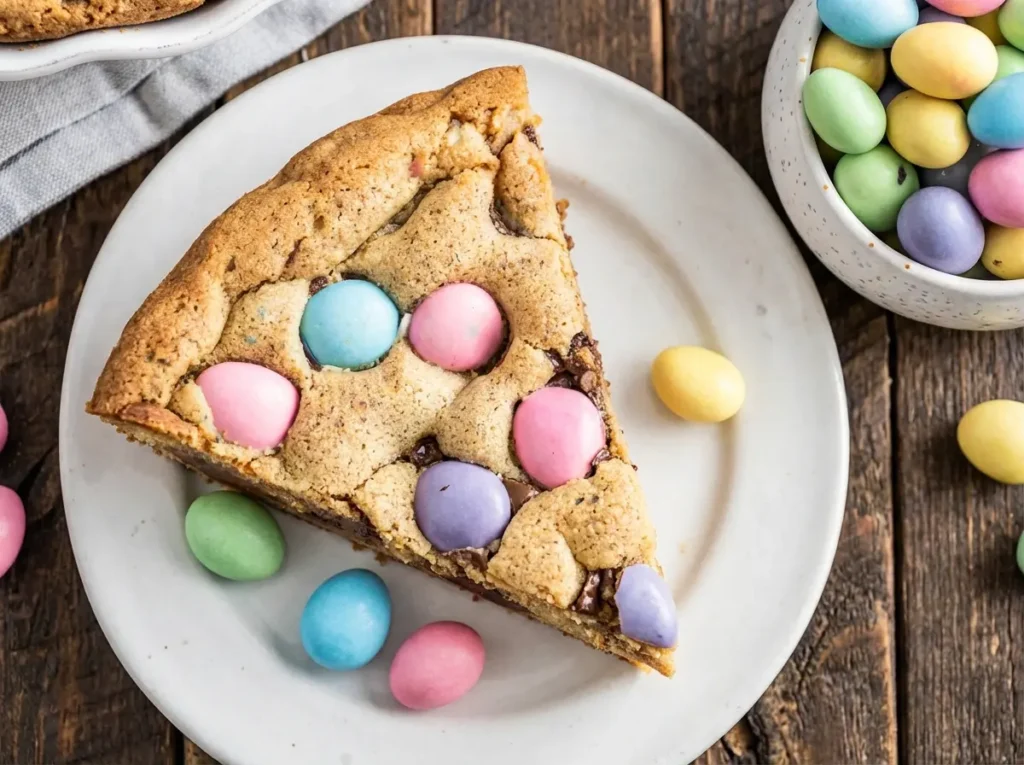 A generous slice of golden brown Easter Cookie Cake, adorned with colorful pastel candy eggs (pink, blue, purple, green, yellow), sitting on a minimalist white plate. In the soft-focused background, a whole Easter Cookie Cake in a white fluted ceramic pie dish is visible on a light gray striped linen, with loose candy eggs scattered on the dark wooden surface. Captured in natural morning light, with warm tones, on a marble countertop with a subtle wood accent and soft shadows.