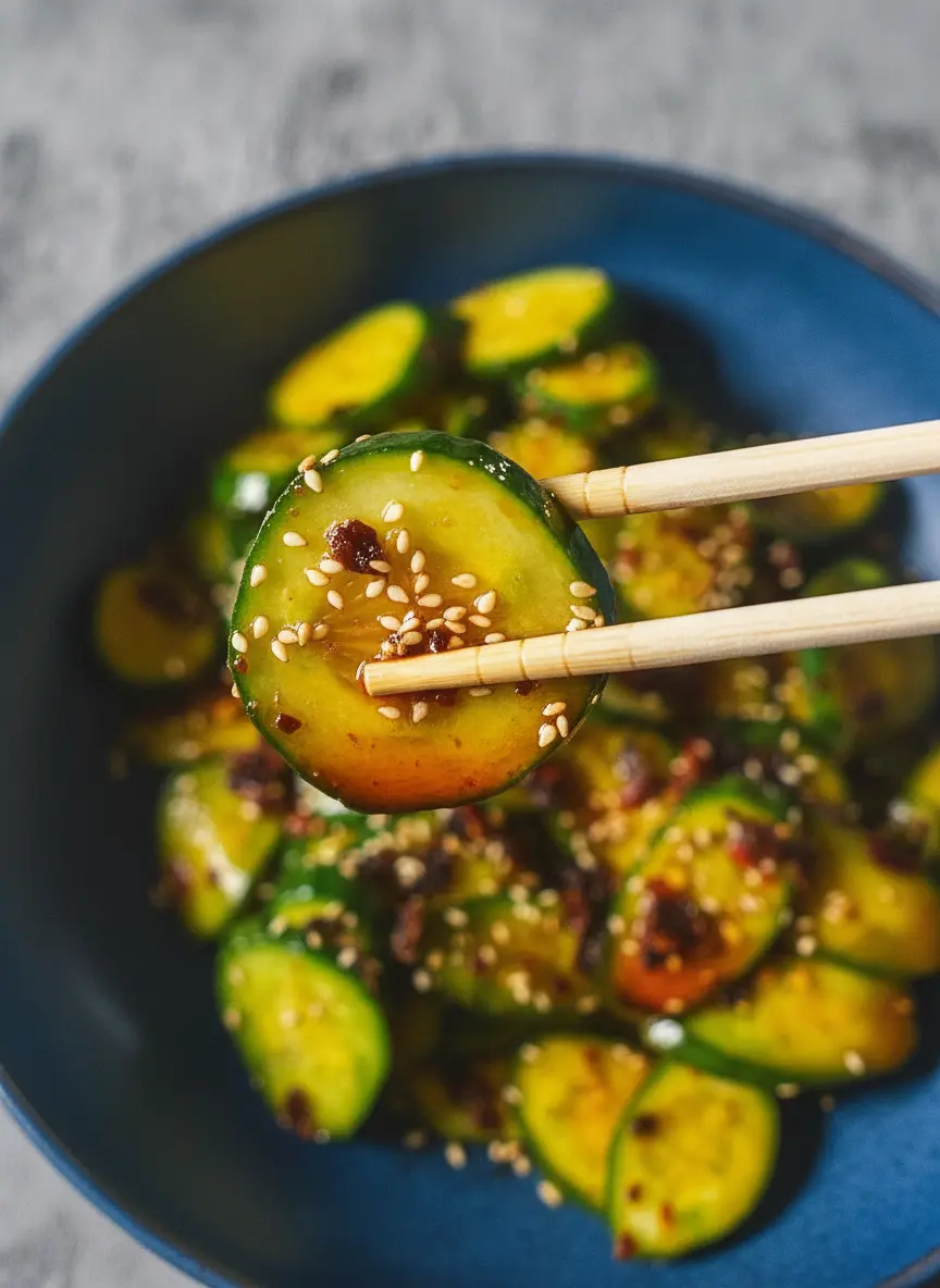 A close-up shot of smashed cucumber pieces in a colander, glistening slightly after being salted, with drops of water at the bottom, sitting on a marble countertop. The scene is bathed in natural morning light from an east window, with soft shadows and warm tones. A clean, tidy kitchen with a hint of fresh herbs in the blurred background. No hands or people.