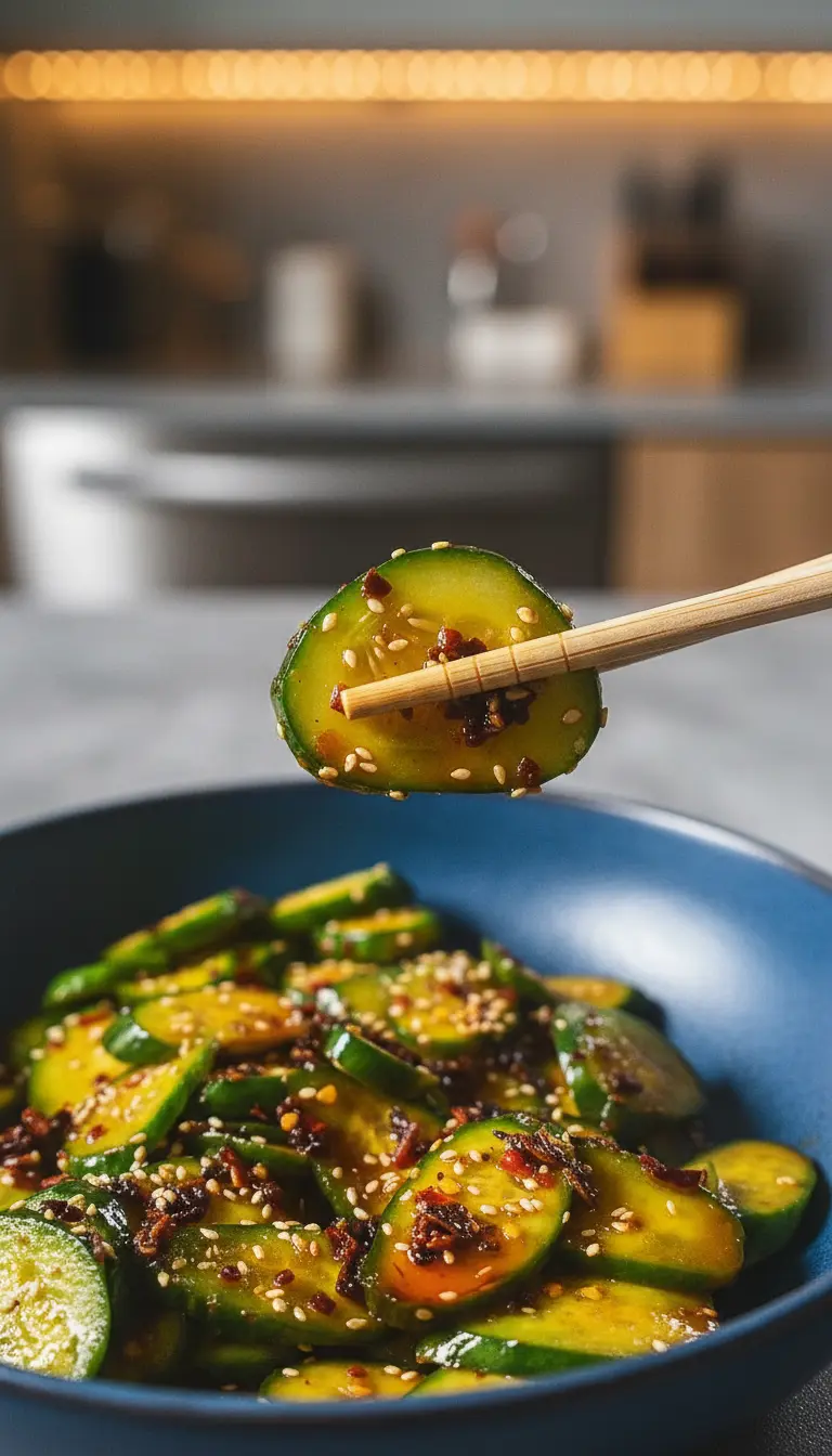 A minimalist white ceramic bowl filled with Easy Asian Cucumber Salad, showing the vibrant green smashed cucumbers coated in the reddish-brown dressing, topped generously with white sesame seeds and red chili flakes. The salad is positioned on a marble countertop with a subtle wood accent in the background. Natural morning light creates soft shadows and warm tones. Clean and tidy presentation. No hands or people.