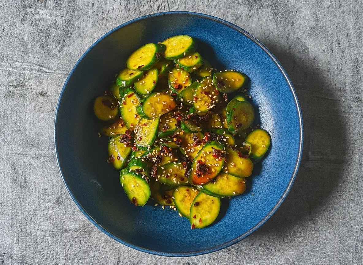 A vibrant green Easy Asian Cucumber Salad, made with smashed cucumber slices, glistening with a reddish-brown savory-spicy dressing, generously topped with white sesame seeds and red chili flakes, presented in a minimalist white ceramic bowl on a marble countertop with subtle wood accents. Natural morning light from an east window casts soft shadows. Fresh herbs are visible in the soft background, with warm tones and a clean, tidy presentation. No hands or people.