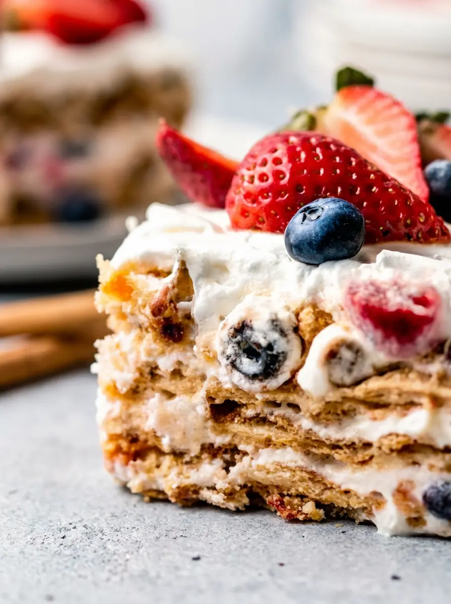 A clean arrangement of fresh ingredients for Easy Berry Icebox Cake: softened cream cheese, powdered sugar, heavy cream containers, a bowl of vibrant fresh strawberries and blueberries, and a stack of golden-brown crispy wafers on a wooden cutting board, all on a marble countertop with natural morning light and soft shadows. A small, subtle sprig of mint is visible in the background, no hands.