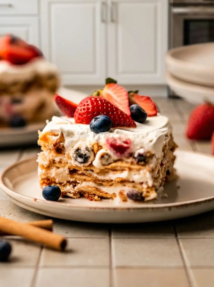 A close-up shot showing the careful layering process of an Easy Berry Icebox Cake in a clear glass baking dish. A spatula is gently spreading a creamy white filling over a layer of golden-brown crispy wafers, with diced red strawberry pieces and dark blueberries being sprinkled on top. The scene is illuminated by natural morning light on a marble countertop, clean and tidy, no hands.