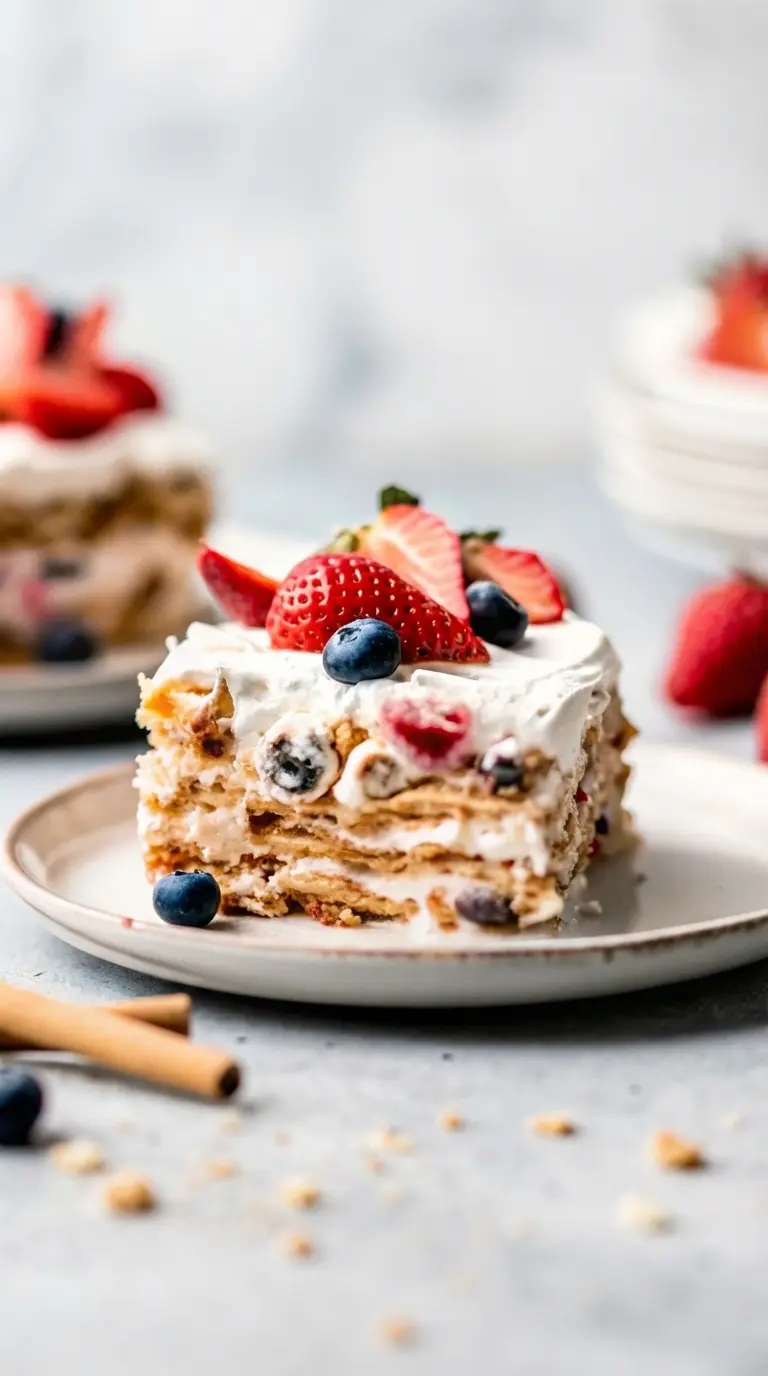 A close-up of a fork just entering a perfectly cut slice of Easy Berry Icebox Cake on a minimalist white ceramic plate, revealing the creamy texture of the filling and the distinct, softened layers of golden-brown wafers, vibrant red strawberries, and blue blueberries. The setting is a marble countertop with soft shadows and warm tones from natural morning light, clean and tidy, no hands.