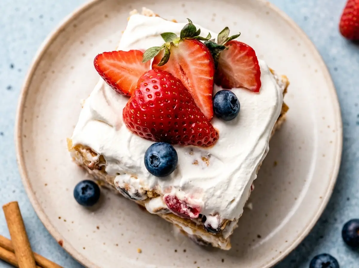 A perfect square slice of Easy Berry Icebox Cake on a minimalist white ceramic plate, showcasing distinct layers of golden-brown crispy wafers, creamy white filling with embedded red strawberry pieces and dark blueberries, and a thick topping of whipped cream, fresh whole strawberries, and blueberries. The plate is on a marble countertop with subtle wood accents, bathed in natural morning light creating soft shadows and warm tones. Clean and tidy presentation, no hands.