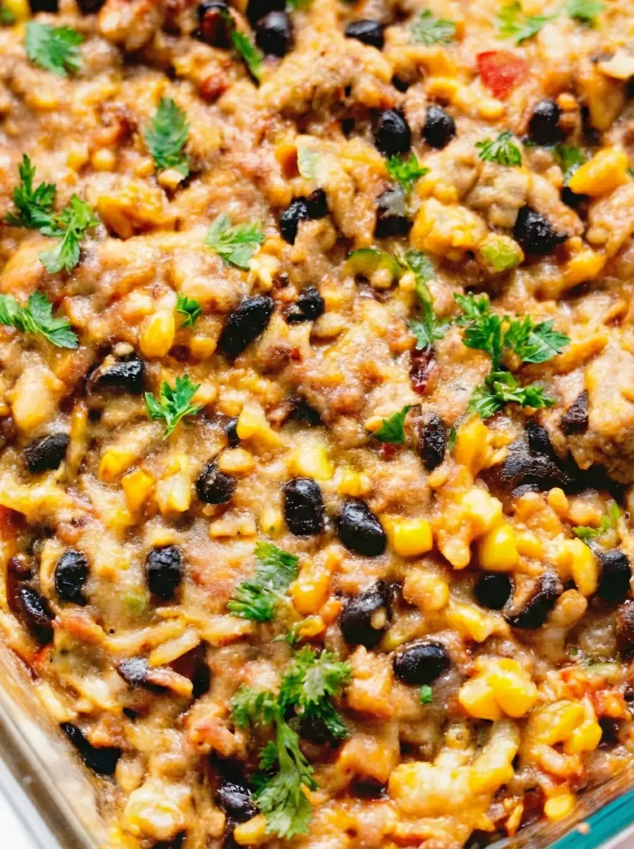 A flat lay of fresh ingredients for Easy Chicken Burrito Casserole on a wooden cutting board, including bowls of shredded cooked chicken, rinsed black beans, corn, diced red bell pepper, chopped onion, and fresh cilantro, with small bowls of spices and a can of enchilada sauce, all bathed in natural morning light on a marble countertop. No hands or people. (3:4 ratio)