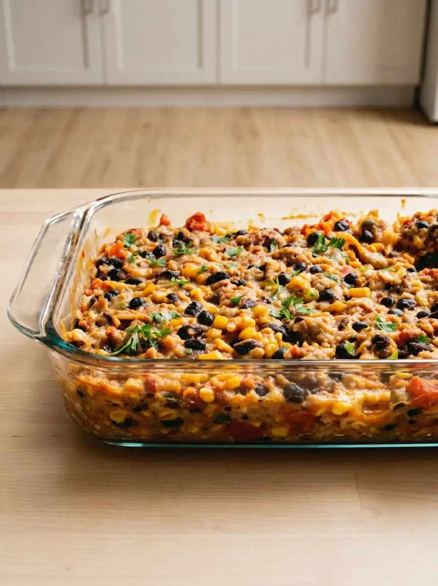 A close-up shot of the process of mixing the creamy chicken, black bean, corn, and red bell pepper filling in a minimalist ceramic bowl with a wooden spoon, showcasing the rich texture and vibrant colors of the ingredients before being transferred to the baking dish, on a marble countertop with soft morning light. No hands or people. (3:4 ratio)