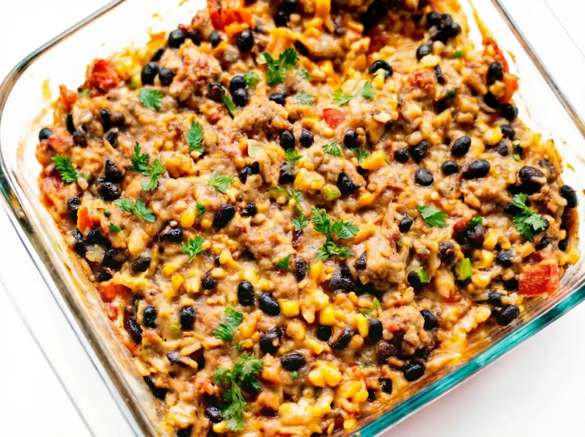 A top-down shot of a golden-brown and bubbly Easy Chicken Burrito Casserole, freshly baked in a clear glass baking dish, generously topped with shredded cheese, black beans, corn, red bell peppers, and fresh green cilantro and sliced green onions. The casserole is placed on a light marble countertop with a subtle wood accent visible, bathed in natural morning light from an east window, casting soft shadows. The overall presentation is clean and tidy, with warm tones, no hands or people. (4:3 ratio)