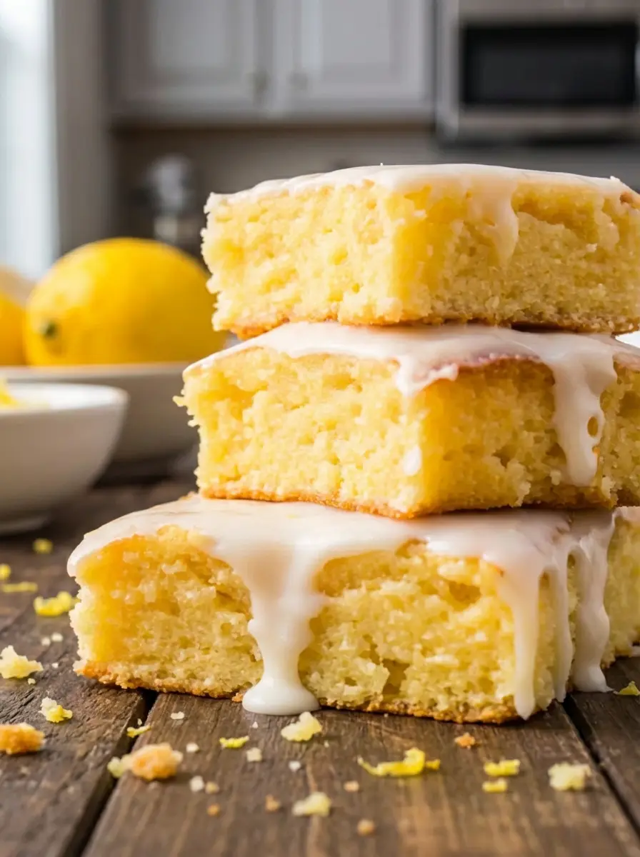 A close-up of a square baking pan lined with parchment paper, filled with bright yellow lemon brownie batter, spread evenly and ready to go into the oven. The surrounding area shows minimal kitchen tools on a clean marble surface, illuminated by natural light, 3:4 ratio.