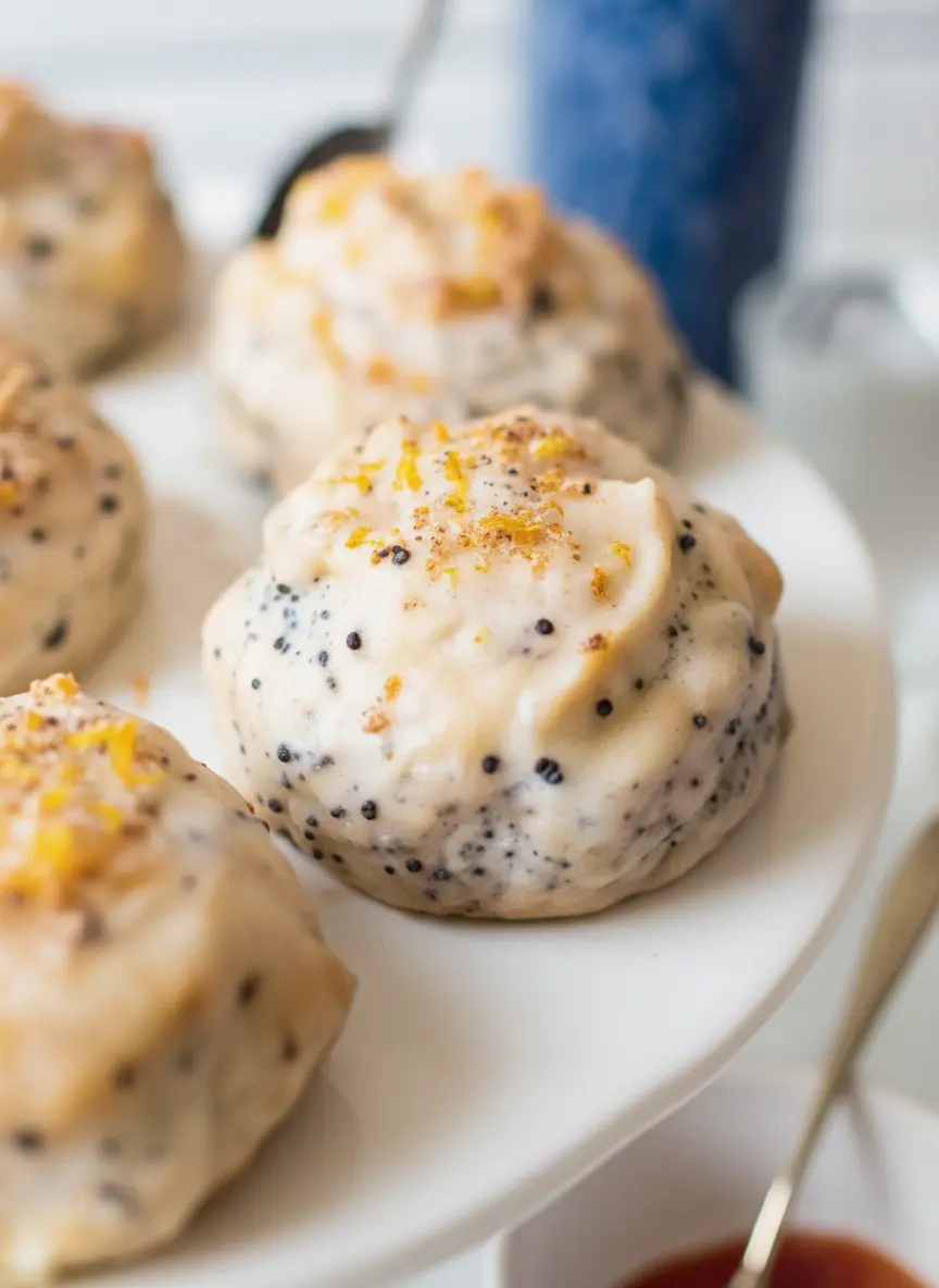 Ingredients laid out on a wooden cutting board on a marble countertop: a mound of flour, a stick of cold cubed butter, fresh lemons with a zester, a small bowl of poppy seeds, and a glass of buttermilk, all bathed in soft morning light. (3:4 ratio)