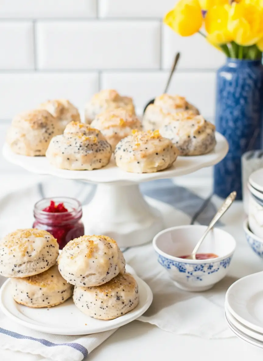 A close-up of scone dough being gently patted into a circle on a lightly floured wooden cutting board on a marble countertop. Visible are flecks of cold butter and poppy seeds within the shaggy dough, with a round cutter nearby. Soft morning light creates gentle shadows. (3:4 ratio)