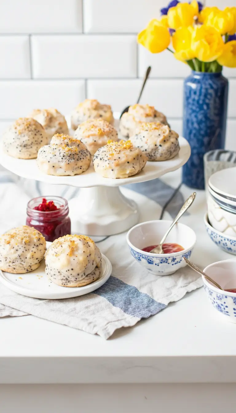 A stack of baked Lemon Poppy Seed Scones, half-glazed and half-un-glazed, showing the golden-brown crust and tender crumb, resting on a wire rack over a white ceramic plate. A bowl of thick lemon glaze with a brush is nearby, with soft morning light illuminating the scene on a marble countertop. (3:4 ratio)