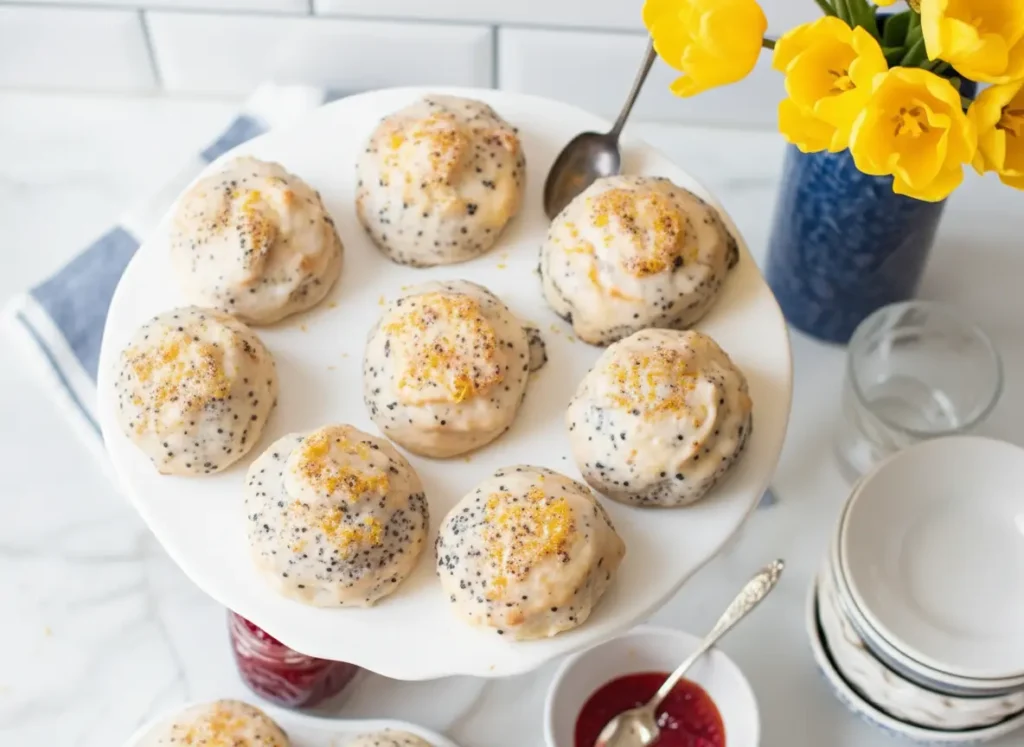 A white ruffled ceramic cake stand piled high with perfectly round, golden-brown Lemon Poppy Seed Scones, generously coated in a thick, shiny lemon glaze and speckled with black poppy seeds. The scene is set on a marble countertop, bathed in natural morning light from an east window, with soft shadows. In the background, a white pitcher with subtle blue floral patterns, a white cup, and fresh lemon slices are visible. A small glass jar of vibrant red jam, topped with two yellow edible pansy flowers, sits to the side, with a spoon nestled inside. (4:3 ratio)