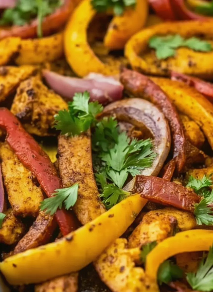 Ingredients for Sheet Pan Chicken Fajitas laid out on a wooden cutting board on a marble countertop. Visible are raw chicken breast strips, sliced red and yellow bell peppers, sliced red onion, and small bowls of spices (chili powder, cumin, paprika, salt, pepper) and a bottle of olive oil. Fresh cilantro sprigs are nearby. Natural morning light, clean and tidy. Aspect ratio 3:4.