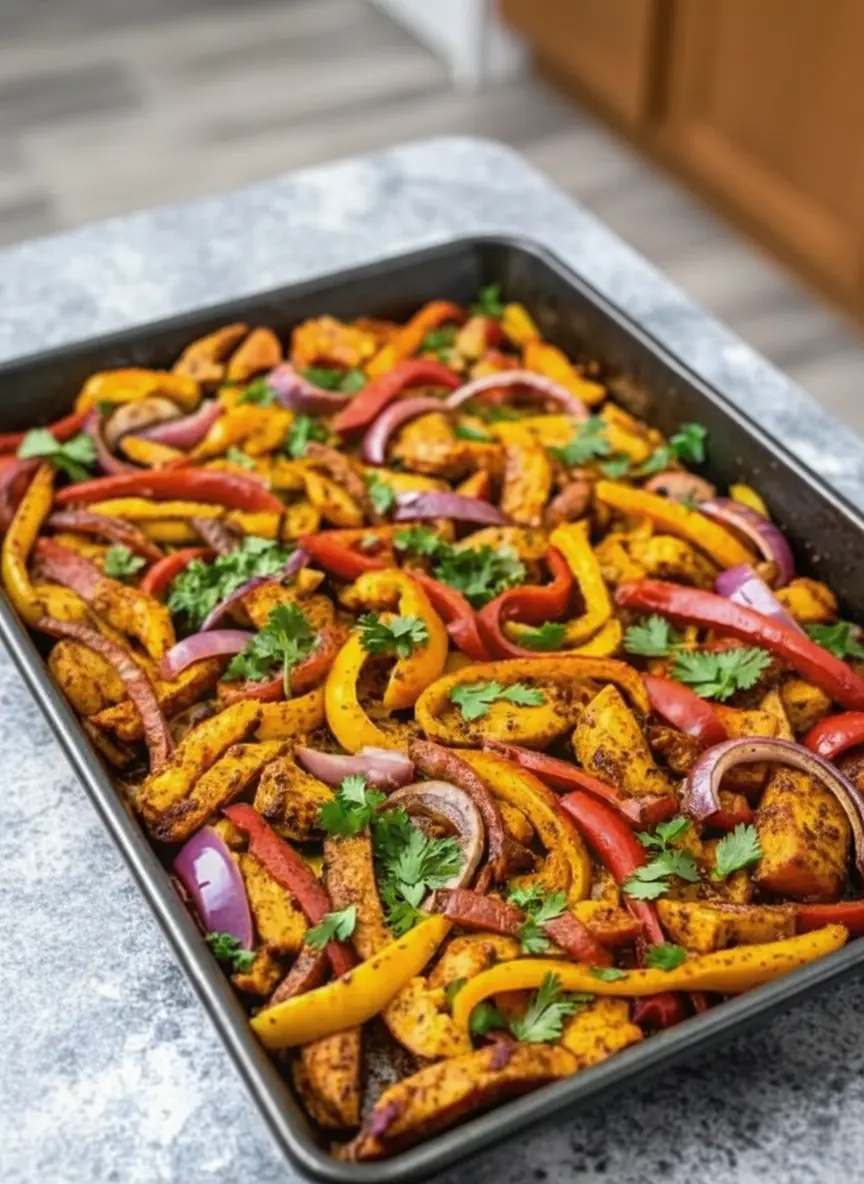 A close-up of chicken strips, red and yellow bell pepper slices, and red onion slices being tossed with a reddish-brown fajita seasoning and olive oil in a large ceramic bowl, placed on a marble countertop. The scene is bright with natural morning light, capturing the texture of the seasoning adhering to the ingredients. Aspect ratio 3:4.