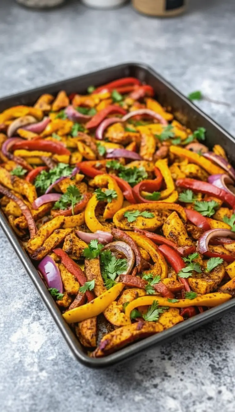 A serving of vibrant Sheet Pan Chicken Fajitas in a minimalist white ceramic bowl, showcasing the tender, seasoned chicken, beautifully roasted red and yellow bell peppers, and red onion. It's garnished with fresh cilantro. The bowl sits on a marble countertop with subtle wood accents and soft shadows, under natural morning light. Aspect ratio 3:4.
