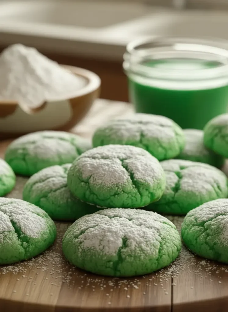 St. Patrick’s Day Cookies Close-up of a wooden bowl filled with white powdered sugar and another small ceramic bowl holding green gel food coloring, ready on a clean marble countertop. A portion of the same wooden cutting board is visible in the background, under soft morning light. The setting is clean, tidy, and exudes warm tones. (3:4 aspect ratio)