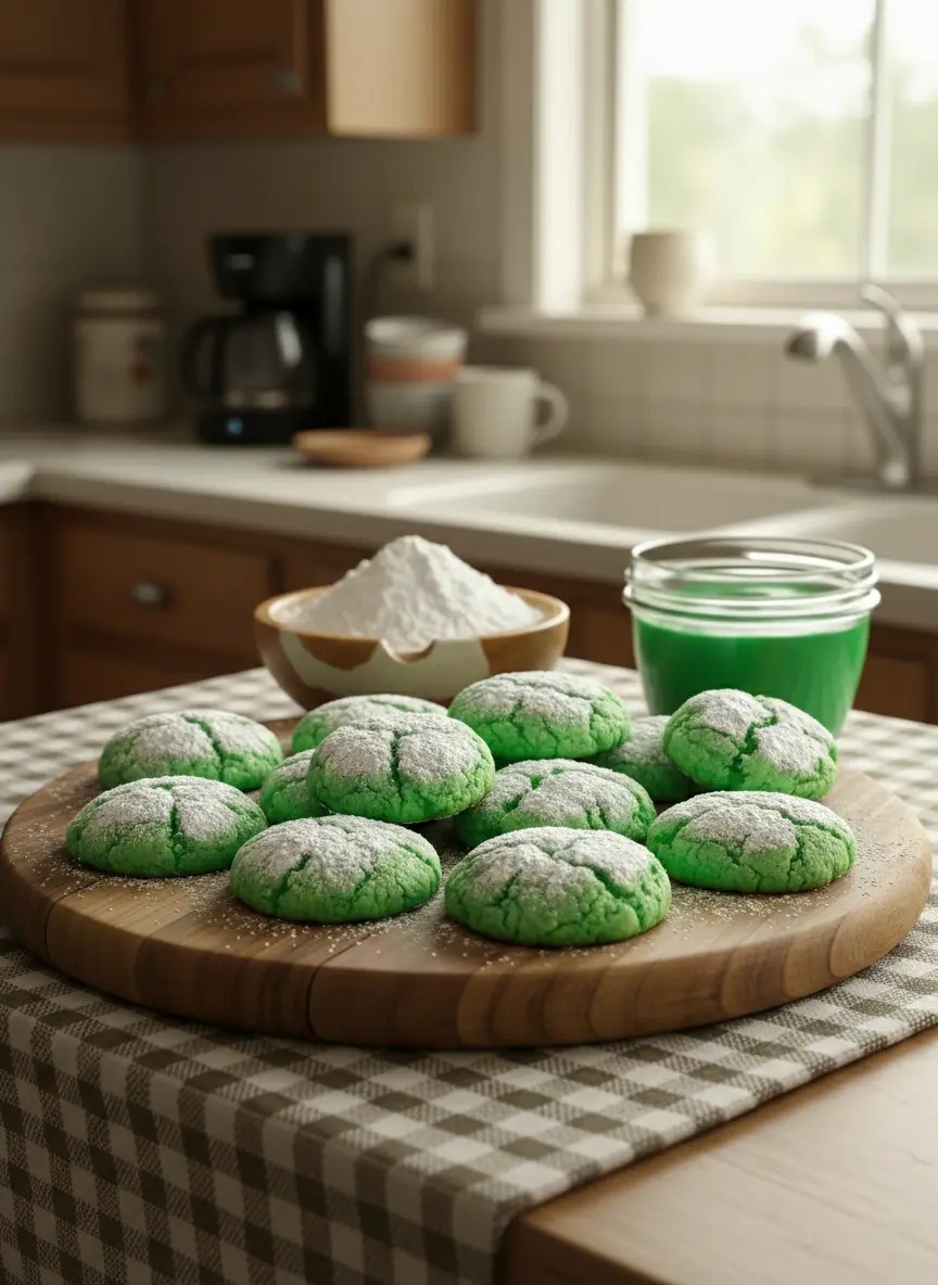 A close-up shot of a vibrant green cookie dough ball being generously rolled in a bowl of white powdered sugar, capturing the process. The marble countertop is visible, along with the corner of a baking sheet with parchment paper. Natural morning light highlights the contrasting textures. No hands are visible. The setting is clean, tidy, and exudes warm tones. (3:4 aspect ratio)