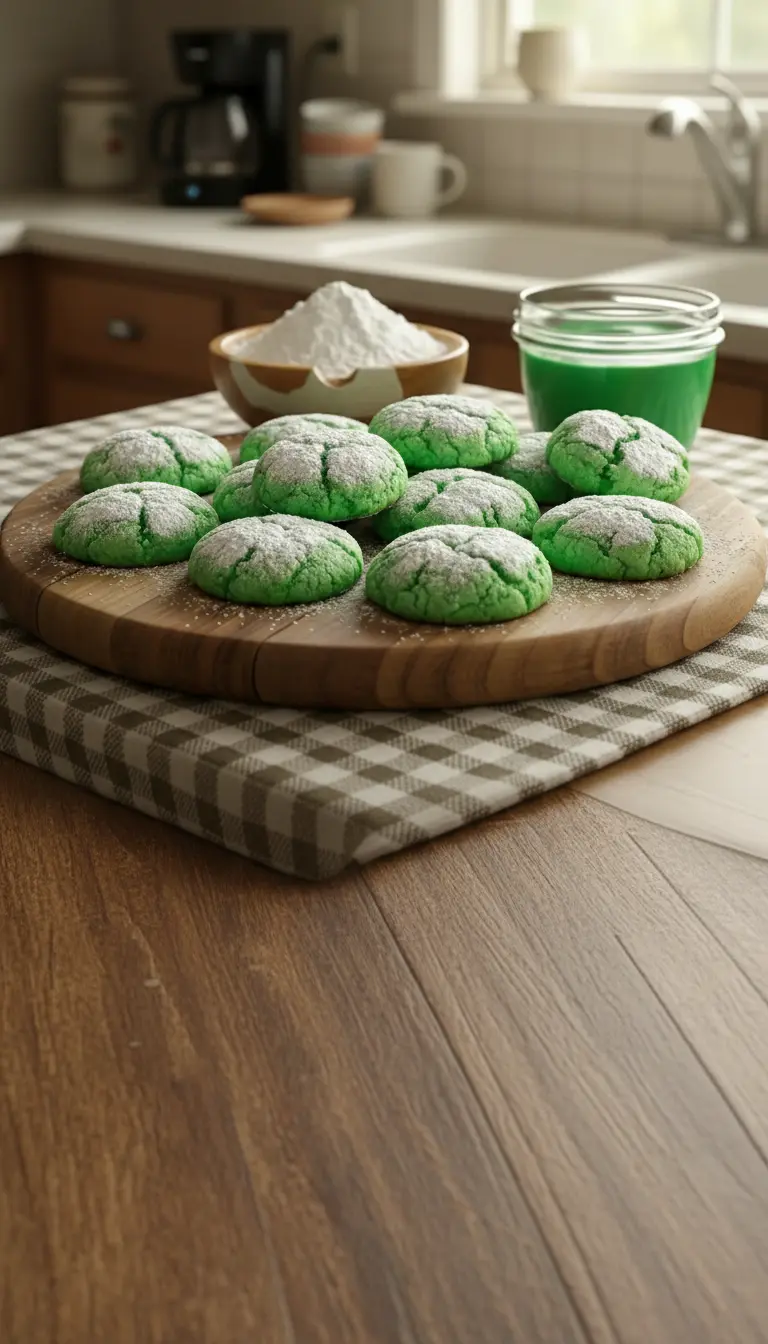 A stack of two or three freshly baked, vibrant green crinkle cookies, heavily dusted with powdered sugar, sitting on a minimalist white plate on a marble countertop. A single cookie sits next to the stack, showing off its crinkled texture. Soft shadows and warm tones enhance the inviting presentation. Fresh herbs are subtly blurred in the background, adding a touch of life to the clean, tidy scene. (3:4 aspect ratio)