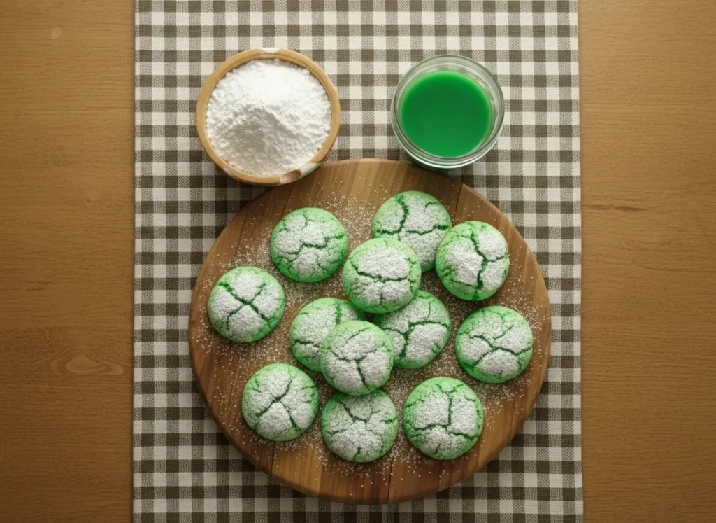 A wide shot of freshly baked, vibrant green crinkle cookies heavily dusted with white powdered sugar, arranged on a parchment-lined baking sheet on a marble countertop. In the background, a wooden bowl is filled with powdered sugar, and a clear glass contains a vibrant green liquid. Natural morning light streams in from an east window, casting soft shadows. The overall scene is clean, tidy, and has warm tones, embodying a lived-in kitchen with genuine love for the process. (4:3 aspect ratio)