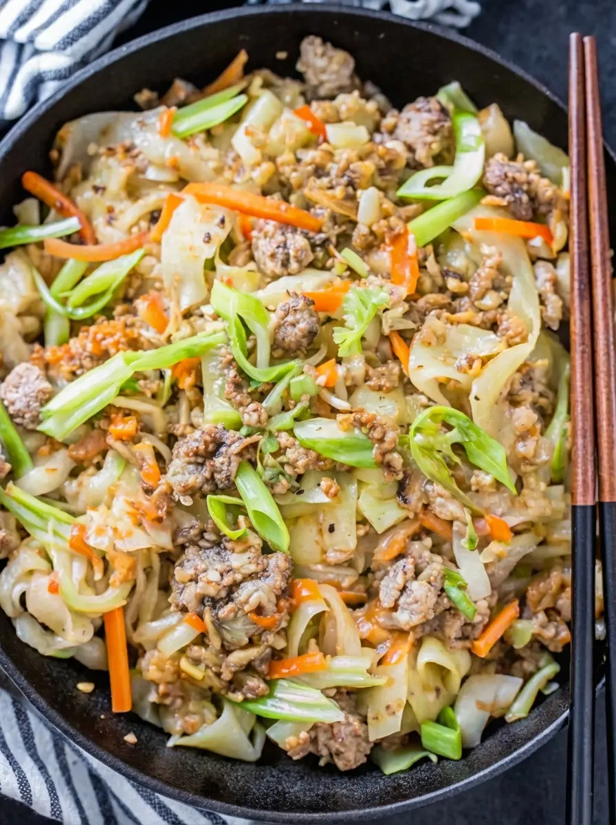 A (3:4 ratio) top-down shot of prepared ingredients for 'Egg Roll in a Bowl' on a rustic wooden cutting board, including a bowl of ground pork, shredded cabbage, julienned carrots, minced garlic and ginger, chopped green onions, and small dishes of tamari and sesame oil. Natural morning light illuminates the scene, casting soft shadows, on a white marble countertop. Fresh herbs are subtly visible in the soft-focus background. The presentation is clean and organized, capturing the genuine love for the process.