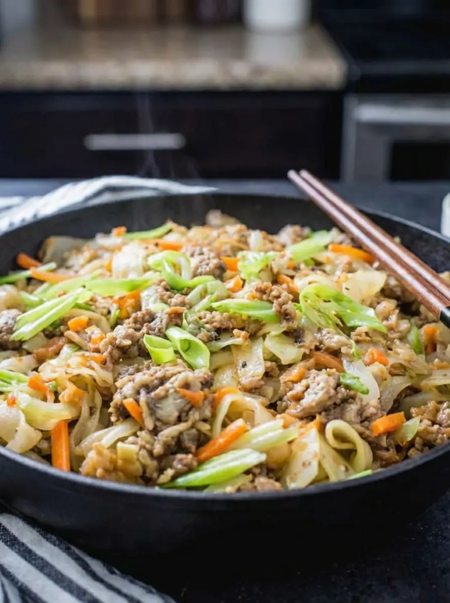 A (3:4 ratio) shot of the 'Egg Roll in a Bowl' cooking process in a large dark skillet on a stovetop. Ground pork is browning and crumbling, mixed with aromatic ginger and garlic. Shredded cabbage and carrots are just being added to the skillet, still vibrant. Soft shadows highlight the textures. The kitchen environment shows clean white marble countertops and a glimpse of a wood accent, consistent with natural morning light and a tidy presentation.