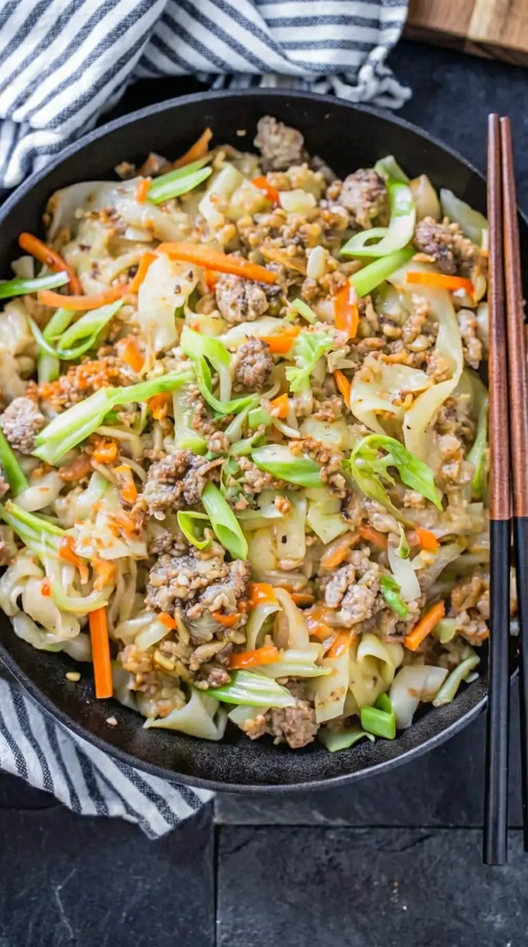 A (3:4 ratio) close-up, slightly overhead shot of a single minimalist white ceramic bowl filled with the finished 'Egg Roll in a Bowl'. The focus is on the tender-crisp texture of the cabbage, the juicy ground pork, vibrant carrots, and fresh green onions, generously sprinkled with sesame seeds. A black serving spoon is partially visible. The bowl is positioned on a white marble countertop with subtle wood accents, bathed in natural morning light, creating warm tones and soft shadows, embodying a clean and appealing presentation.