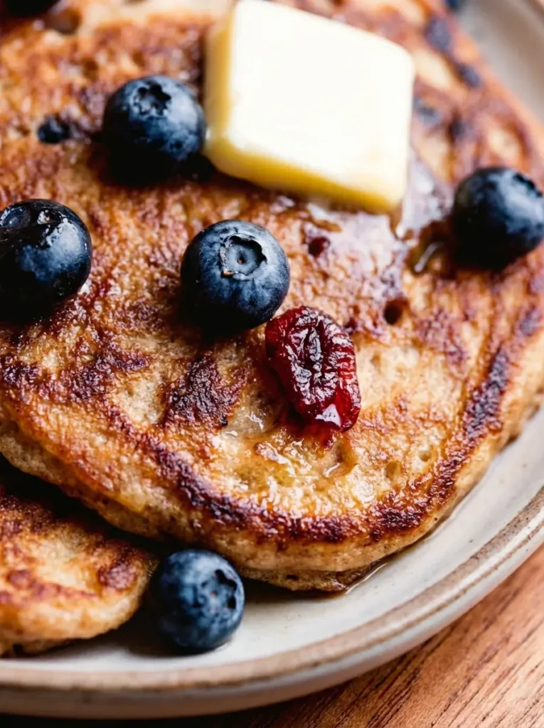 Whole Wheat Blueberry Pancakes A preparation shot on a marble countertop showing the dry ingredients. A ceramic bowl filled with tan whole wheat flour, next to a smaller bowl of vibrant fresh blueberries. A wooden spoon rests on the marble. The lighting is bright and airy, highlighting the texture of the flour and the freshness of the fruit. In the background, fresh herbs in a jar add a touch of green.