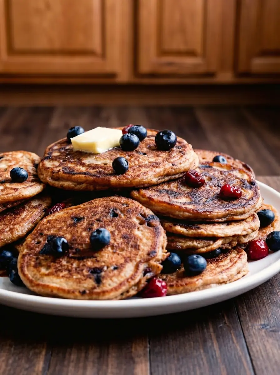 A process shot of the pancake batter in a large mixing bowl. The batter is tan with visible air bubbles, indicating fluffiness, and studded with blue-purple swirls from the berries. A ladle rests inside the bowl. The scene is messy but aesthetic, suggesting a cooking session in progress. Warm tones and soft focus on the background kitchen elements.