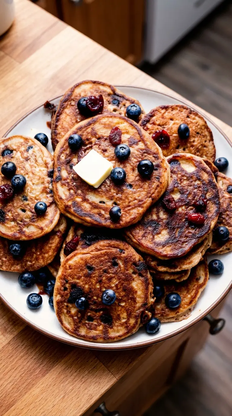 A close-up texture shot of the cooked pancakes stacked. The focus is on the side of the stack, showing the height and fluffiness of the interior where the blueberries have burst. Syrup is pooling on the white plate. The golden-brown crust contrasts with the dark berry spots. The lighting emphasizes the moisture and steam rising slightly.