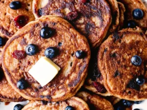 A high-angle, hero shot of a stack of golden-brown whole wheat pancakes on a minimalist white plate. The pancakes have a visible speckled texture and dark spots from the blueberries. A square pat of yellow butter is melting on top, with maple syrup glistening as it drips down the stack. Fresh blueberries are scattered on the plate and top. The plate sits on a marble countertop with wood accents. Soft, natural morning light from the east creates gentle shadows. A wooden cutting board is visible in the periphery.