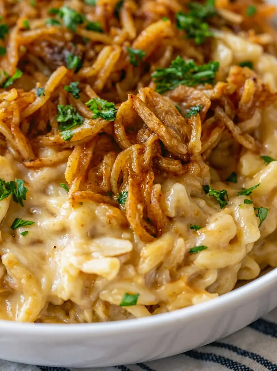 A 3:4 shot featuring key ingredients for French Onion Chicken Orzo Casserole arranged aesthetically on a wooden cutting board set on a marble countertop. Ingredients include thinly sliced yellow onions, a bowl of uncooked orzo pasta, a block of Gruyere cheese, and fresh green herbs. Natural morning light from an east window creates soft shadows, highlighting the textures. No hands or people.