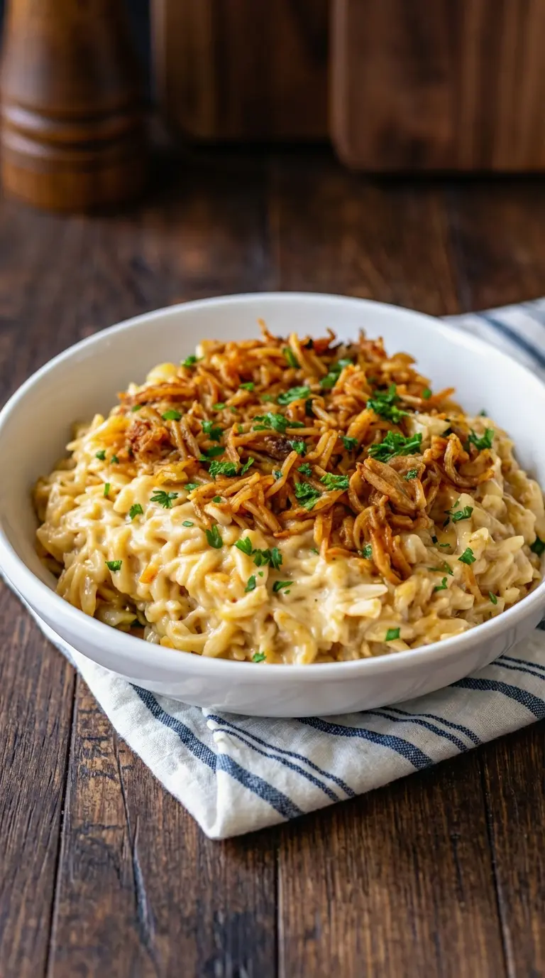 A close-up 3:4 shot of a serving of French Onion Chicken Orzo Casserole in a minimalist white ceramic bowl, showcasing its creamy texture, tender orzo, and the abundant crispy golden-brown fried onion topping, garnished with fresh green herbs. The bowl is on a marble countertop, bathed in warm natural morning light, with soft shadows. No hands or people.