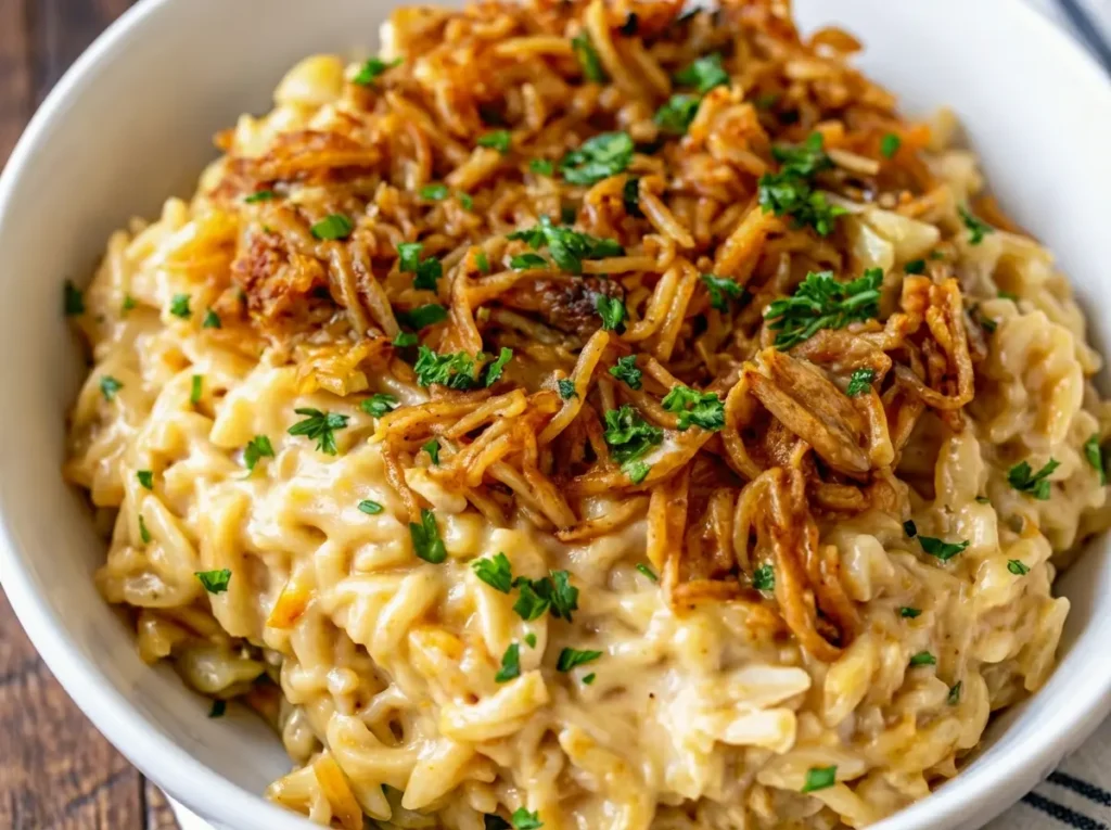 A gorgeous 4:3 shot of French Onion Chicken Orzo Casserole in a minimalist white ceramic bowl, generously topped with crispy golden-brown fried onions and a sprinkle of fresh green herbs. The bowl sits on a white and blue striped kitchen towel on a marble countertop, with warm natural morning light filtering from an east window, casting soft shadows. A wooden cutting board and subtle fresh herbs are visible in the soft-focus background, maintaining a clean and tidy presentation with warm tones. No hands or people.
