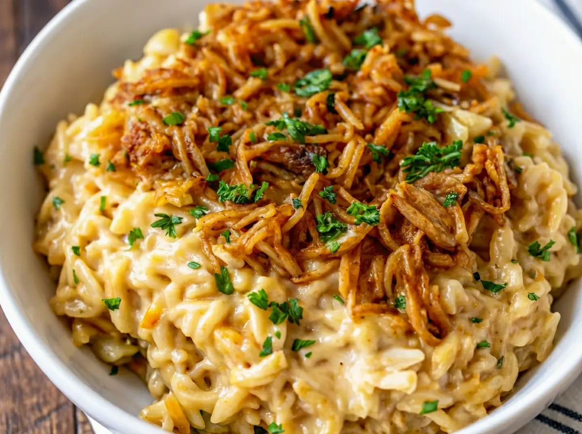 A gorgeous 4:3 shot of French Onion Chicken Orzo Casserole in a minimalist white ceramic bowl, generously topped with crispy golden-brown fried onions and a sprinkle of fresh green herbs. The bowl sits on a white and blue striped kitchen towel on a marble countertop, with warm natural morning light filtering from an east window, casting soft shadows. A wooden cutting board and subtle fresh herbs are visible in the soft-focus background, maintaining a clean and tidy presentation with warm tones. No hands or people.