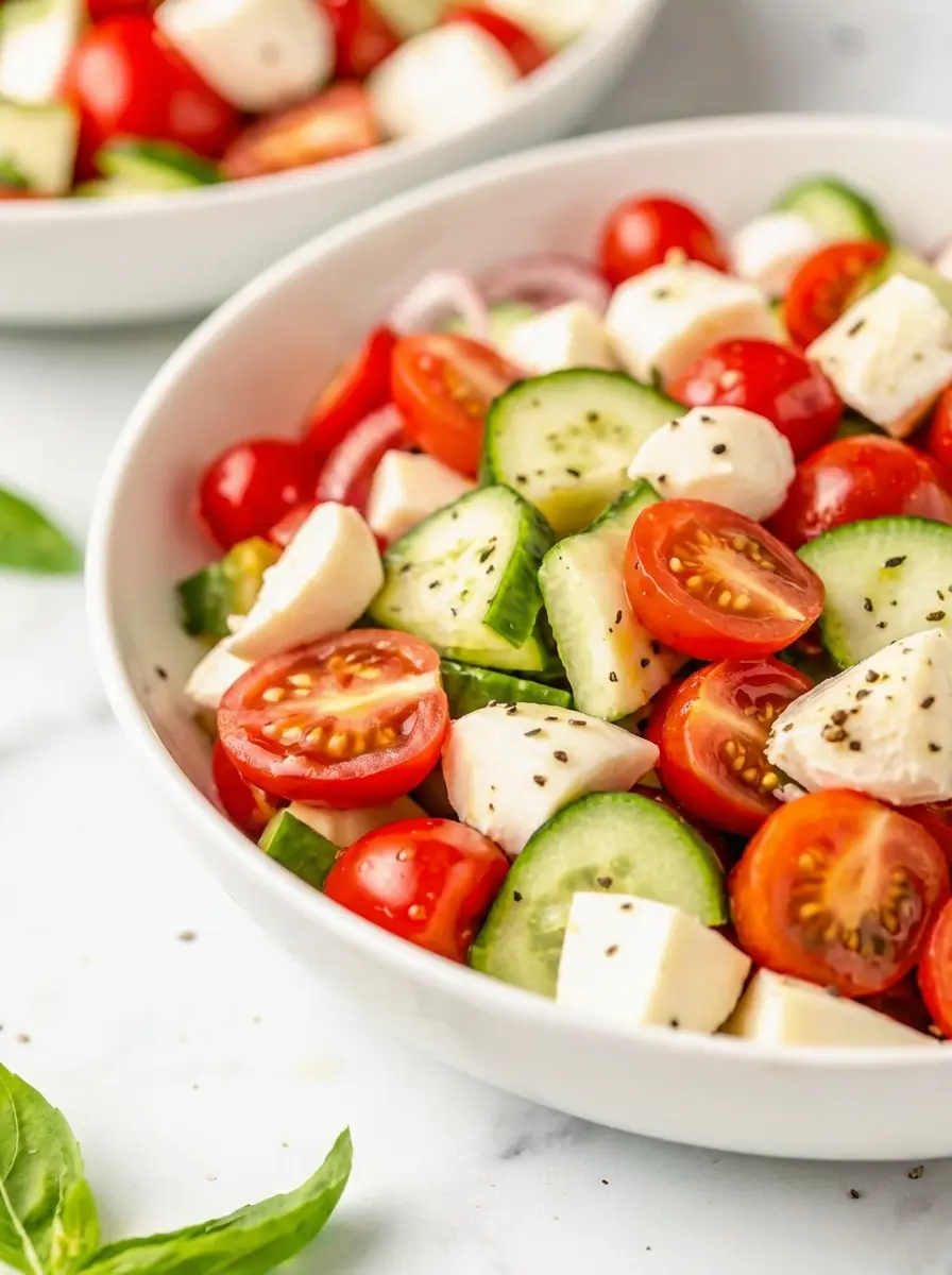 A clean, tidy overhead shot on a wooden cutting board on a white marble countertop. Individual ingredients for Fresh Cucumber Caprese Salad are neatly arranged: a pile of vibrant halved cherry tomatoes, perfectly sliced English cucumbers, fresh mozzarella pearls, a small bunch of fresh basil, and thinly sliced red onion. Natural morning light creates soft shadows. 3:4 ratio.